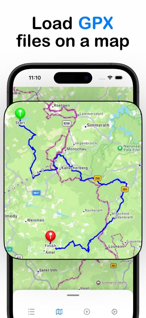 GPX Viewer showing a route loaded on a map with start and finish markers