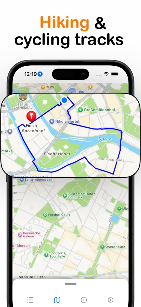 Hiking and cycling track displayed on a map in GPX Viewer